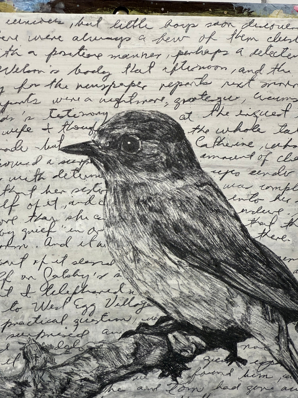 Bird in Manuscript / Mixed media on wood panel / 12x12 in (30 × 30 cm) 2025
