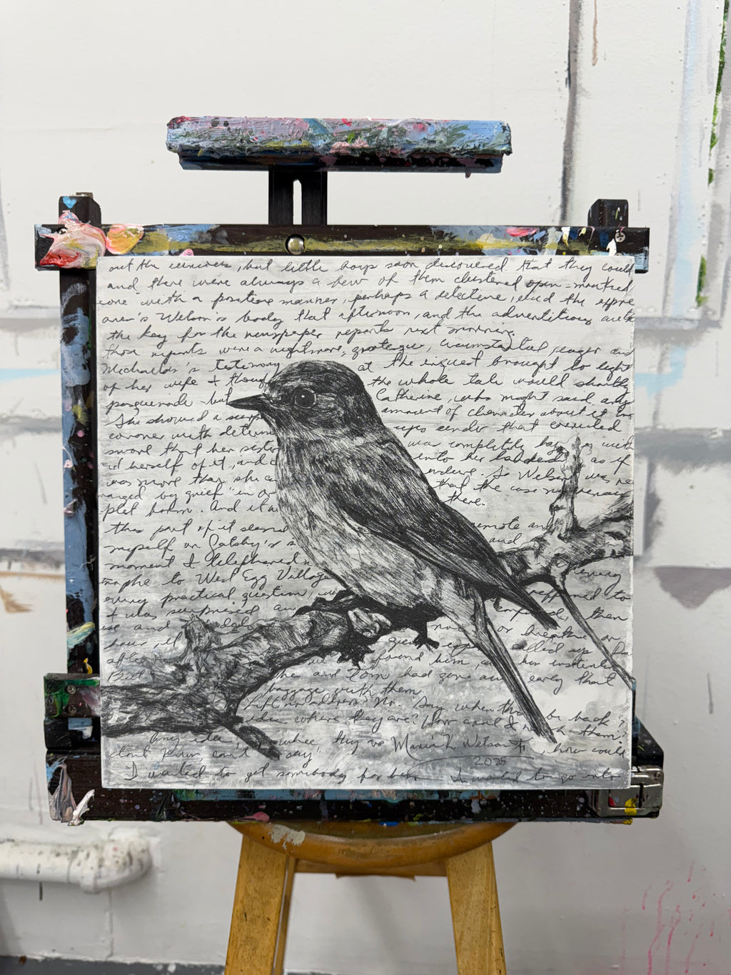 Bird in Manuscript / Mixed media on wood panel / 12x12 in (30 × 30 cm) 2025