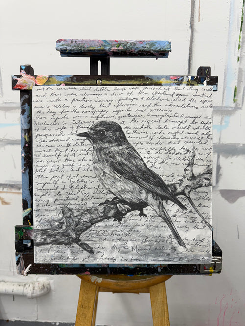 Bird in Manuscript / Mixed media on wood panel / 12x12 in (30 × 30 cm) 2025