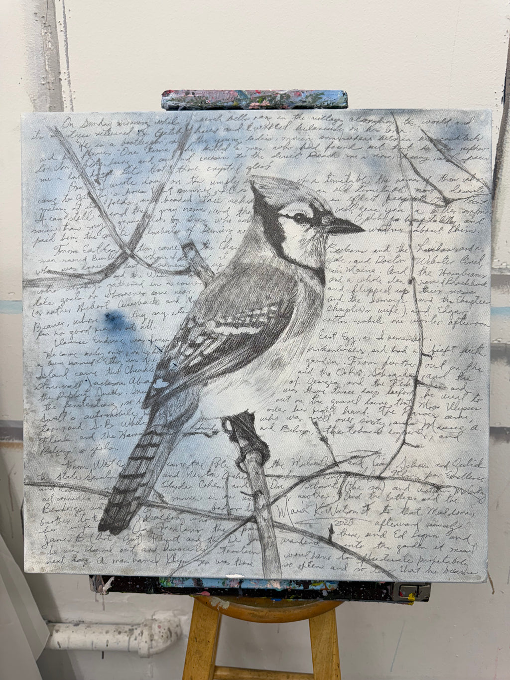 Script & Bird / Mixed media on canvas /20 x 20 inches (50 x 50cm) 2025