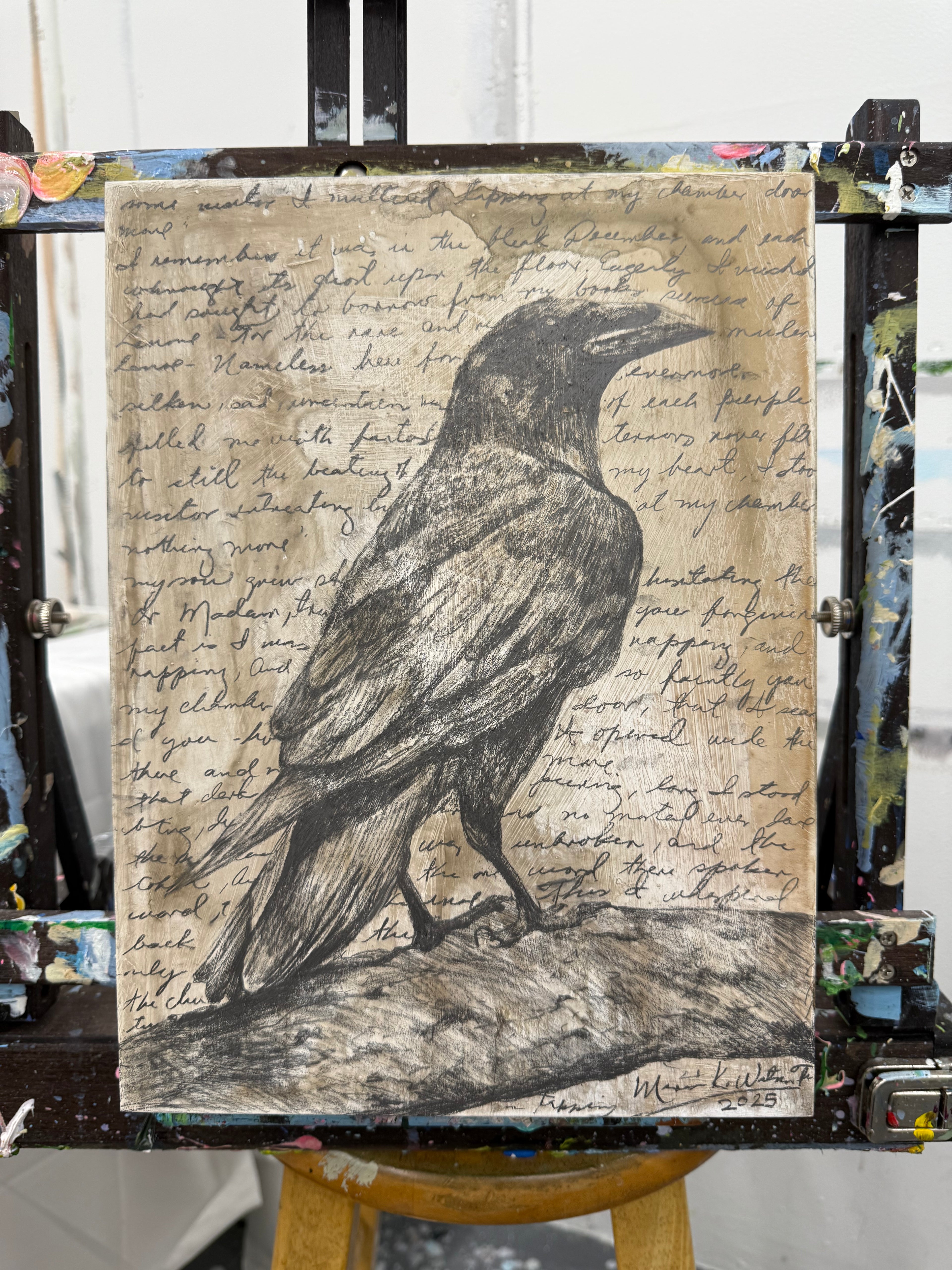 Raven / Mixed media on wood panel /9 x 11 inches (22 x 27cm) / 2025
