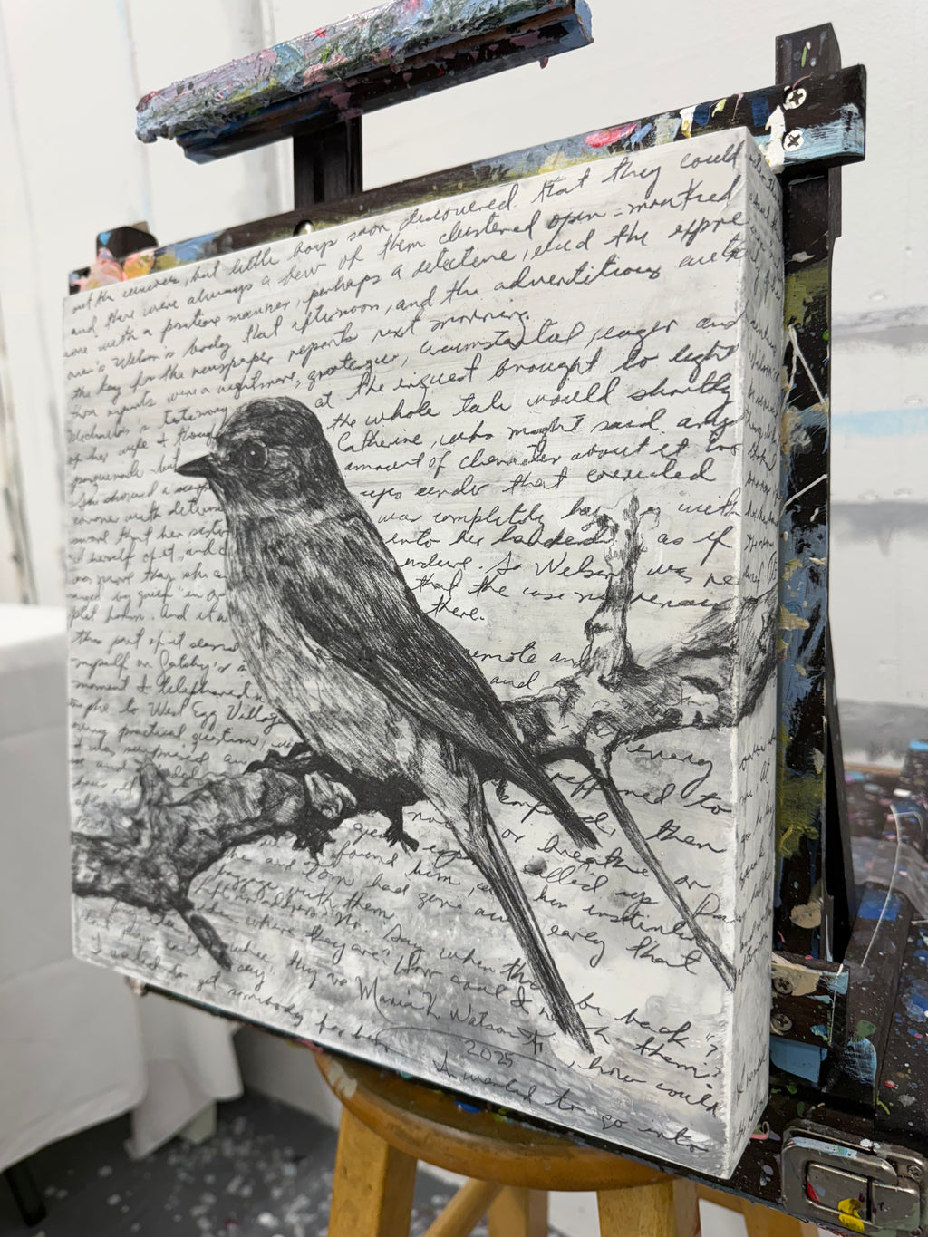 Bird in Manuscript / Mixed media on wood panel / 12x12 in (30 × 30 cm) 2025