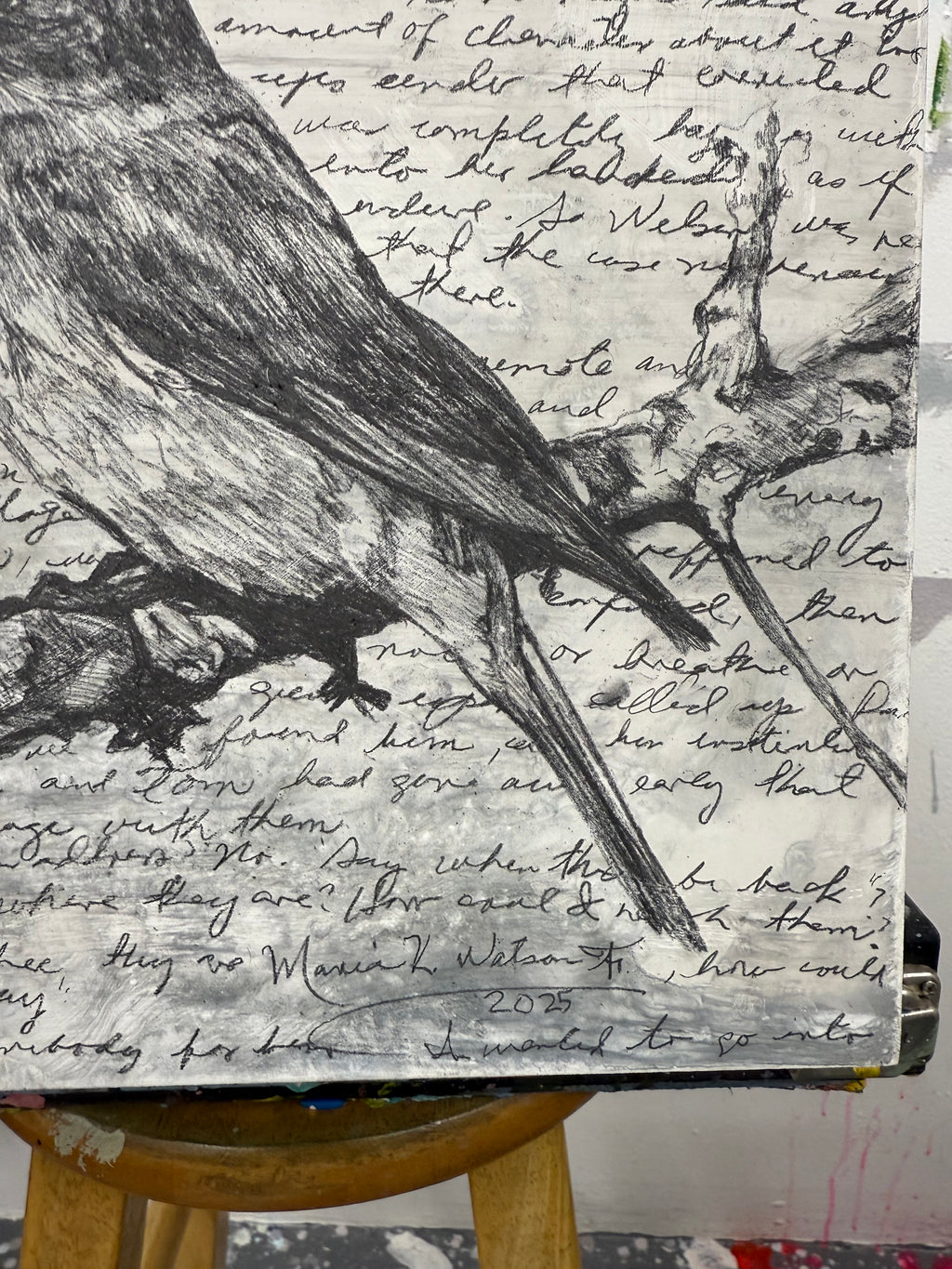 Bird in Manuscript / Mixed media on wood panel / 12x12 in (30 × 30 cm) 2025