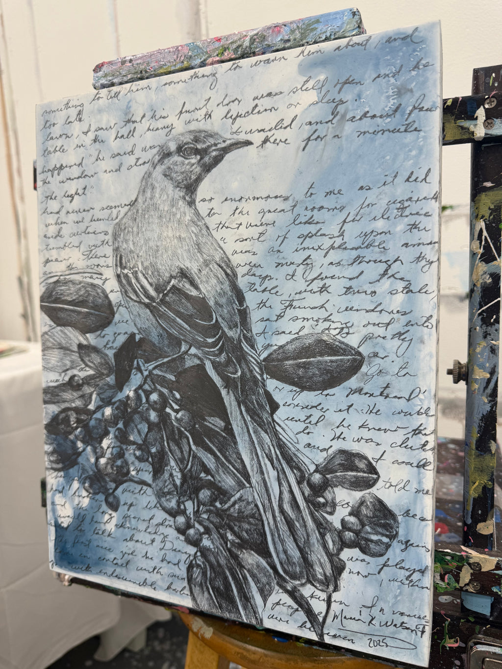 Blue poem / Mixed media on wood panel / 11x14 in ( 27 × 32 in) 2025