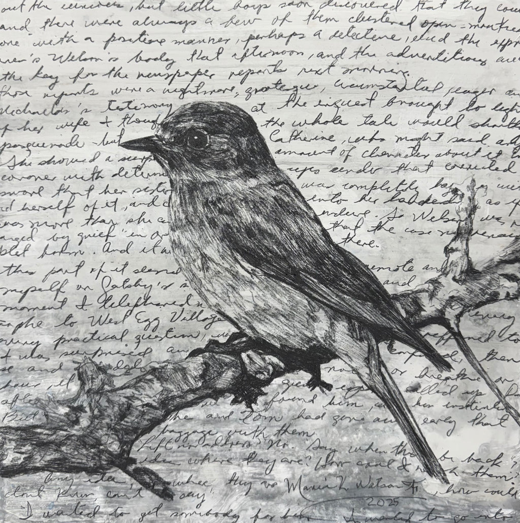 Bird in Manuscript / Mixed media on wood panel / 12x12 in (30 × 30 cm) 2025